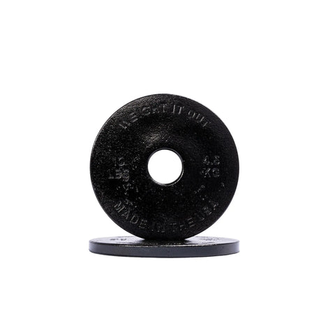 A Weight It Out Cast Iron Machined Weight Plate Pair in black, each marked 4.5 KG with Olympic bar holes, stands upright and flat on a white background.