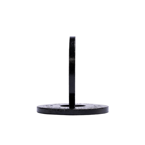 A Weight It Out Cast Iron Machined Weight Plate Pair in black, featuring a circular flat base with a central vertical strip, is shown against a white background.