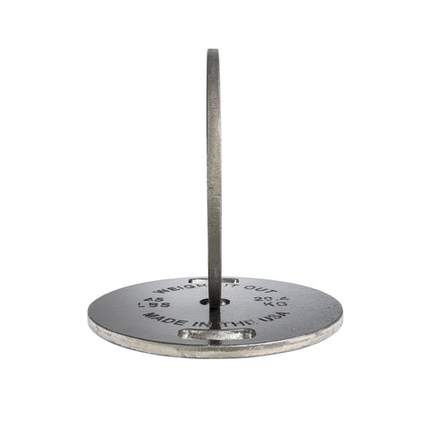 The Weight It Out Cast Iron Machined Weight Plate Pairs feature a round, industrial-style metal design with a vertical center rod and engraved MADE IN THE USA text, resembling classic Olympic bar plates.