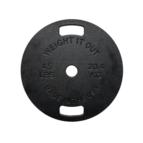 The Weight It Out Cast Iron Machined Weight Plate Pairs are black, circular plates with two grip holes, labeled 45 LBS/20.4 KG and MADE IN THE USA—ideal for Olympic bars with minimal weight variance.