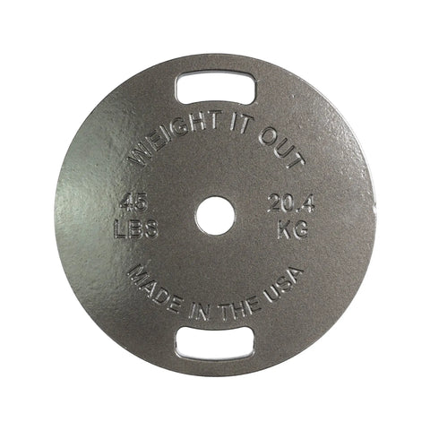The Weight It Out Cast Iron Machined Weight Plate Pairs are round, metallic plates labeled 45 LBS and 20.4 KG, feature two grip slots and an Olympic bar hole, made in the USA for minimal weight variance.