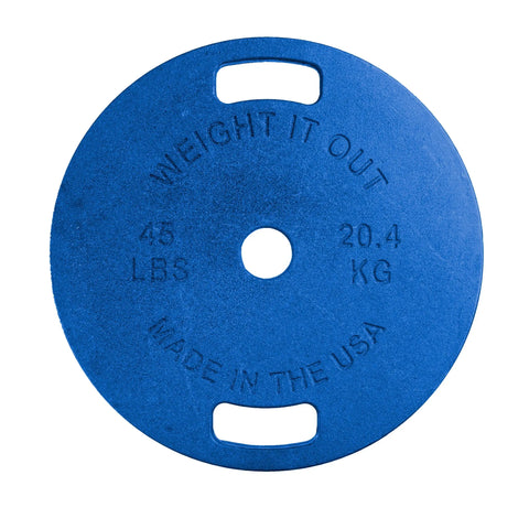 The Weight It Out Cast Iron Machined Weight Plate Pair features blue circular plates with two grip holes, labeled 45 LBS/20.4 KG and MADE IN THE USA, designed for Olympic bars with minimal weight variance.