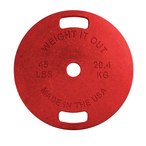 A red Cast Iron Machined Weight Plate by Weight It Out, labeled 45 LBS/20.4 KG and MADE IN THE USA, features two hand slots, an Olympic bar center hole, and minimal weight variance for premium quality.