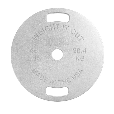 A silver Weight It Out Cast Iron Machined Weight Plate Pair features two grip handles, 45 LBS/20.4 KG markings, MADE IN THE USA label, a center hole for Olympic bars, and is crafted to minimize weight variance.
