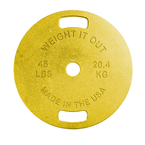 The Cast Iron Machined Weight Plate Pair by Weight It Out is a yellow, circular plate with two grip holes, labeled 45 LBS/20.4 KG, features a central Olympic bar hole, and is made in the USA with minimal weight variance for precision.