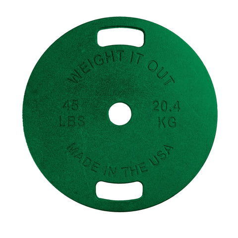 The Weight It Out Cast Iron Machined Weight Plate Pairs feature a green round design with two grip holes, labeled 45 LBS, 20.4 KG, and MADE IN THE USA—ideal for any Olympic bar with minimal weight variance.