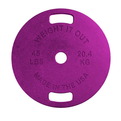 The Weight It Out Cast Iron Machined Weight Plate Pair is a purple 45 lb plate with two grip holes, labeled 20.4 kg and MADE IN THE USA, designed for use with an Olympic bar.