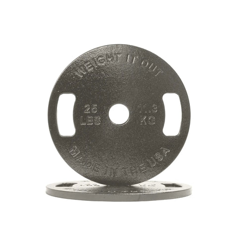 The Weight It Out Cast Iron Machined Weight Plate Pairs feature two round plates with grip handles. The front plate is embossed with 25 LBS, 11.3 KG, WEIGHT IT OUT, and MADE IN THE USA. Ideal for Olympic bars and precision weight lifting.