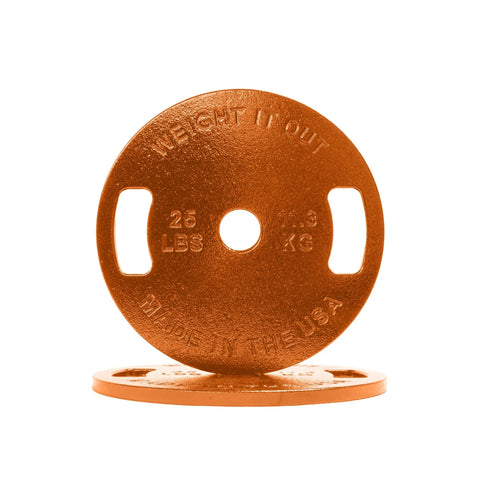 Weight It Out Cast Iron Machined Weight Plate Pairs: Two orange plates (25 LBS/11.3 KG each) with grip holes, shown upright and flat. Made in the USA visible. Ideal for Olympic bars.