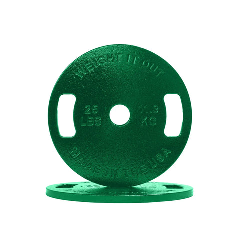 A pair of Weight It Out Cast Iron Machined Weight Plates—green, 25 lbs each, with hand grips and “25 LBS, 11.3 KG, MADE IN THE USA” embossed—stand upright and flat, ideal for Olympic bar workouts.