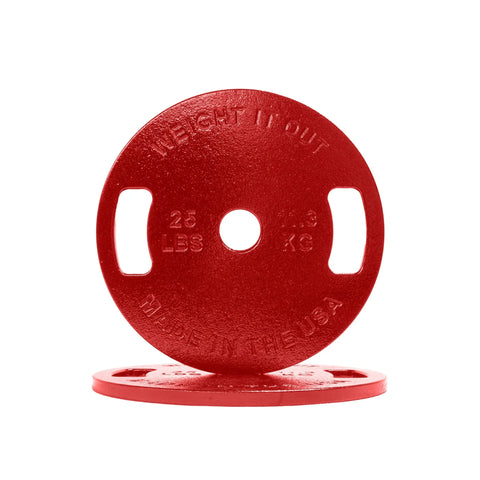 A vivid red 25 lb Weight It Out Cast Iron Machined Weight Plate Pair with two grip holes stands upright, leaning against a similar plate below. Both feature embossed text, a smooth glossy finish, and fit Olympic bars.