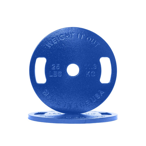 Two blue Cast Iron Machined Weight Plate Pairs by Weight It Out—one upright, one flat. The plate shows 25 LBS, 11.3 KG, and MADE IN THE USA; perfect for Olympic bar training with minimal weight variance.