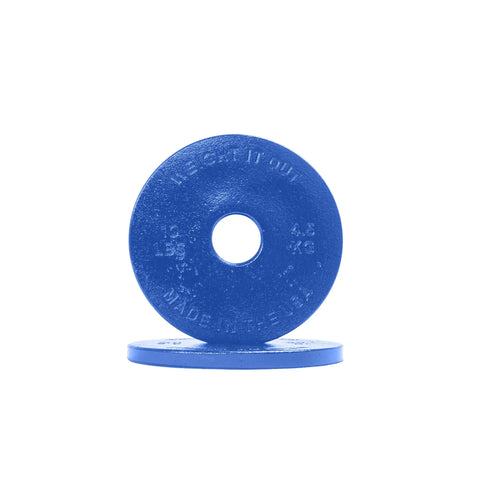 A blue Cast Iron Machined Weight Plate Pair by Weight It Out, each marked 4.5 KG and XLEG IT OUT, is shown upright and flat on a white background. Designed for Olympic bars with minimal weight variance.