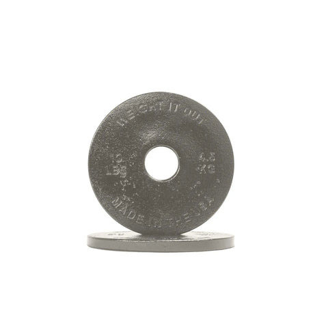 A Cast Iron Machined Weight Plate Pair by Weight It Out is shown: one 4.5 kg (10 lb) upright plate and one flat, both labeled Weight It Out, Made in the USA. Ideal for Olympic bar training with minimal weight variance. White background.