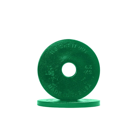 Two green Cast Iron Machined Weight Plate Pairs by Weight It Out for Olympic bars, one upright, one flat, each labeled 4.5 KG and MADE IN USA, displayed on a plain white background with minimal weight variance.
