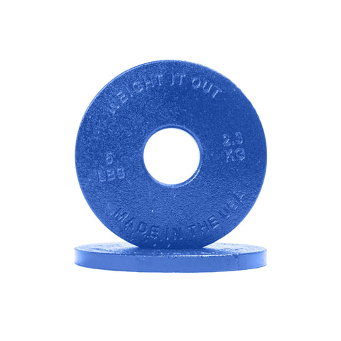 Two blue Cast Iron Machined Weight Plate Pairs by Weight It Out, one upright and one flat. The standing plate features WEIGHT IT OUT, 5 LBS, 2.3 KG, MADE IN THE USA—Olympic bar compatible for precise weight control.