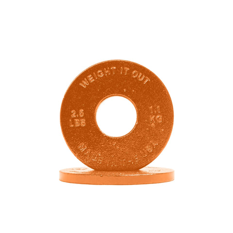Two Cast Iron Machined Weight Plate Pairs by Weight It Out, 2.5 LBS (1.1 KG) each, in orange finish. One plate stands upright while the other lies flat behind it, both compatible with Olympic bars and set against a white background.