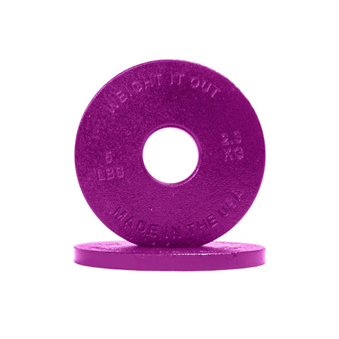 Two purple Weight It Out Cast Iron Machined Weight Plate Pairs: one upright, one flat. The upright plate is embossed with WEIGHT IT OUT, 5 LBS, 2.3 KG, MADE IN THE USA. Perfect for Olympic bar training with minimal weight variation.