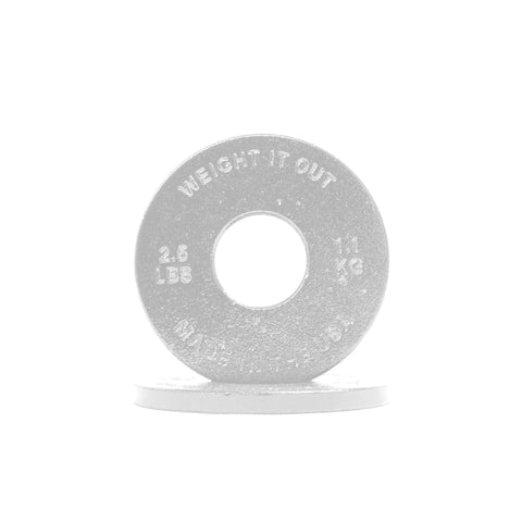 A silver Cast Iron Machined Weight Plate Pair from Weight It Out, labeled 2.5 LBS/1.1 KG, stands upright against a second plate on a white background—perfect for precise Olympic bar workouts with minimal weight variance.