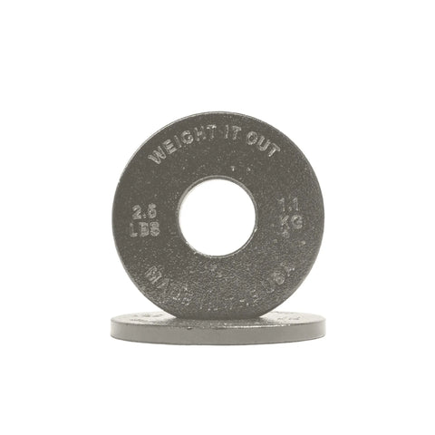 Two small, round Cast Iron Machined Weight Plate Pairs by Weight It Out are shown—one upright, one flat. The upright plate is labeled 2.5 LBS/1.1 KG. Ideal for Olympic bars; set against a white background.
