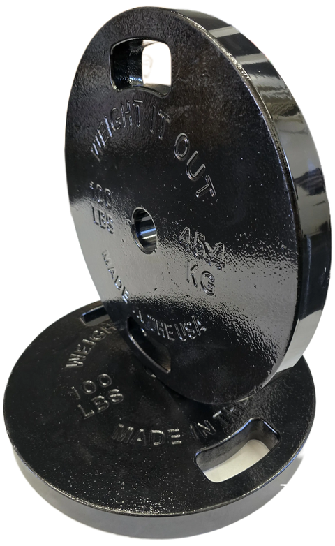 The Weight It Out Cast Iron Machined Weight Plate Pairs are shown—two 100 lb black plates with cutout handles and embossed branding, displayed upright and flat—ideal for Olympic bars with minimal weight variance.