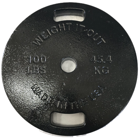 The Weight It Out Cast Iron Machined Weight Plate Pairs are black, round plates with two handles, labeled 100 LBS/45.4 KG, MADE IN THE USA—ideal for Olympic bar workouts and engineered for minimal weight variance.
