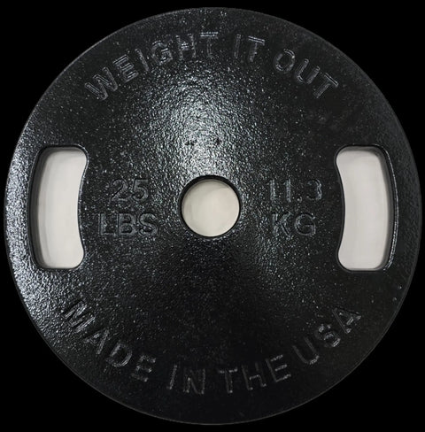 A black circular cast iron plate by Weight It Out, featuring two grip holes and embossed with 25 LBS, 11.3 KG, and MADE IN THE USA—ideal for your Cast Iron Weight Plate Sets.