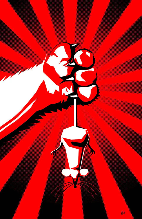 The Cat Fist poster by Skinny Petes Gourmet Catnip features a bold red-and-white fist holding a small white rat against dramatic red and black lines—a striking handcrafted wall art piece for daring interiors.