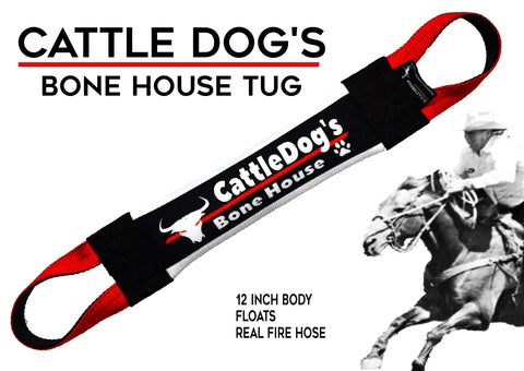 The Cattle Dog Fire Hose Training Tug by Bulletproof Pet Products Inc features a 12-inch body, red handles, floats, and is made in the USA from real fire hose. Includes a black and white image of a person riding a horse at bottom right.