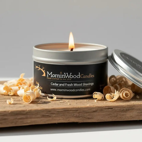 Cedar and Fresh Wood Shavings 8 Oz. Tin MorninWood Candles  Candles
