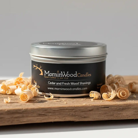 Cedar and Fresh Wood Shavings 8 Oz. Tin MorninWood Candles  Candles