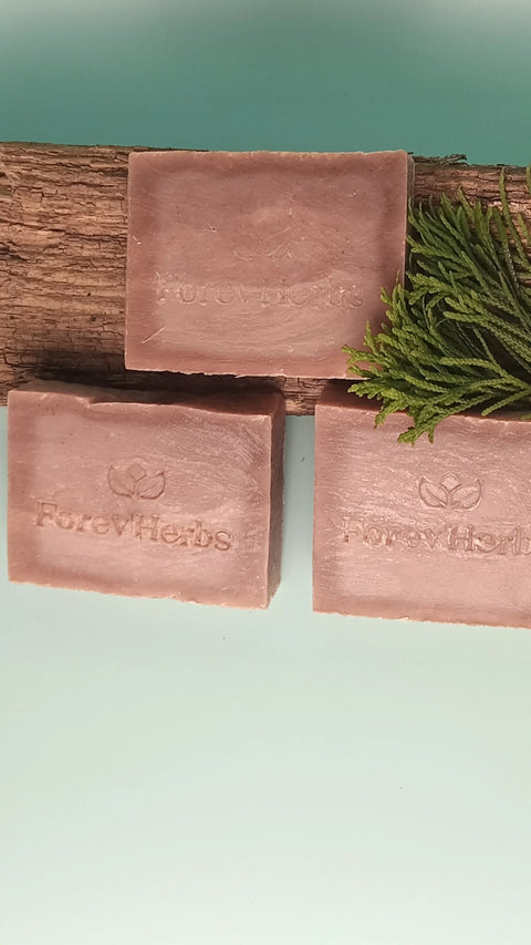 Three bars of Forev'Herbs Cedarwood Sage Handmade Soap sit on a wooden surface with green foliage beside them, set against a light blue background—natural, handmade soap for men.
