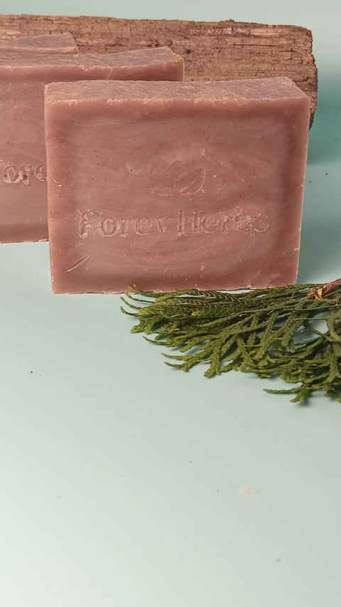 Two rectangular bars of Forev'Herbs Cedarwood Sage Handmade Soap, one behind the other with the brand embossed on the front bar, rest on a light blue surface. A green sprig of leaves lies in front, making it a great natural men's soap choice.