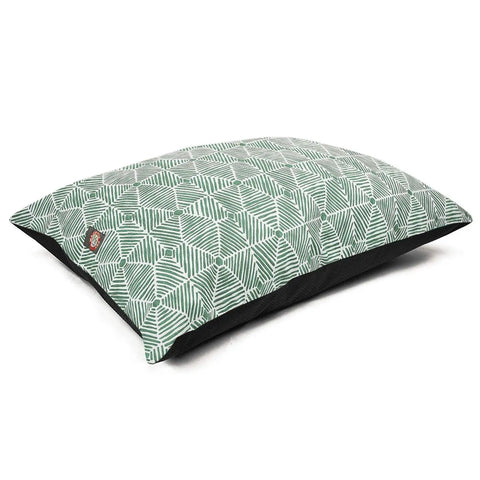 The Charlie Super Value Dog Bed by Majestic Pet features a green and white geometric top with solid black sides and bottom. This rectangular, machine washable bed is both stylish and practical for your pet.