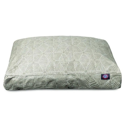 The Majestic Pet Charlie Rectangle Dog Bed features a light gray geometric pattern and a small dark blue tag on one edge, shown against a white background.