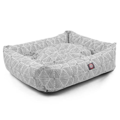The Majestic Pet Charlie Luxe Bagel Bed is a gray and white rectangular dog bed with raised sides and a geometric leaf pattern, shown on a plain white background.