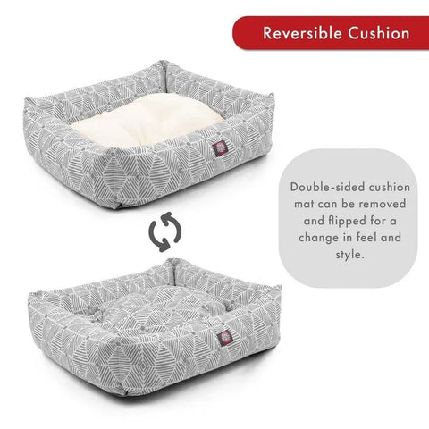 The Majestic Pet Charlie Luxe Bagel Bed features a removable, reversible cushion—solid cream on one side and gray & white geometric on the other—with machine washable, plush comfort and versatile style for your pet.