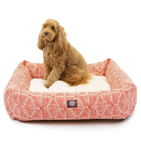 A small, curly-haired tan dog sits on the Majestic Pet Charlie Luxe Bagel Bed, made with durable upholstery-grade fabric, a red and white pattern, raised sides, and a cream-colored machine washable center cushion.
