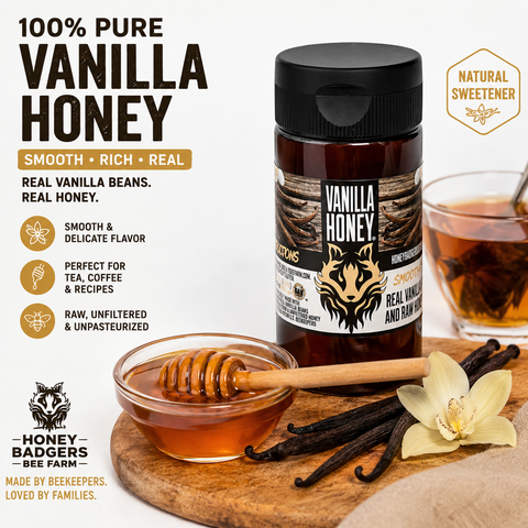 Vanilla Infused Raw Honey 10oz – Gourmet Natural Sweetener Made with Tahitian Beans | Made in USA Honey Badgers Bee Farm  Honey