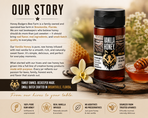 Vanilla Infused Raw Honey 10oz – Gourmet Natural Sweetener Made with Tahitian Beans | Made in USA Honey Badgers Bee Farm  Honey