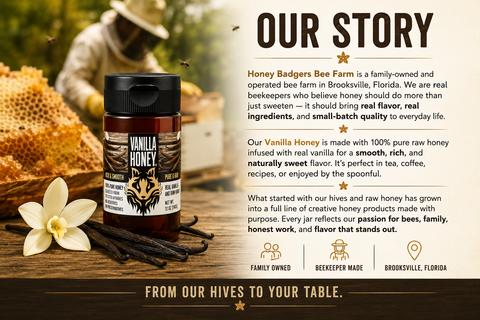 Vanilla Infused Raw Honey 10oz – Gourmet Natural Sweetener Made with Tahitian Beans | Made in USA Honey Badgers Bee Farm  Honey