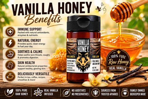 Vanilla Infused Raw Honey 10oz – Gourmet Natural Sweetener Made with Tahitian Beans | Made in USA Honey Badgers Bee Farm  Honey