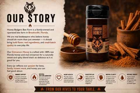American-Made Raw Cinnamon Honey – All Natural Brooksville Florida Harvest | Artisan Local Honey Blend Made in USA Honey Badgers Bee Farm  Honey