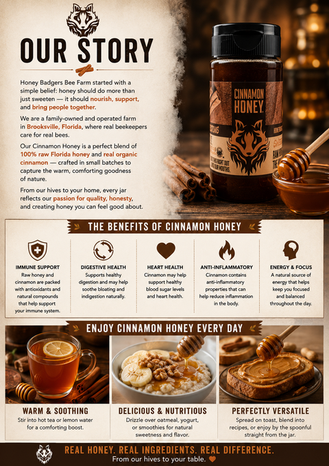 American-Made Raw Cinnamon Honey – All Natural Brooksville Florida Harvest | Artisan Local Honey Blend Made in USA Honey Badgers Bee Farm  Honey