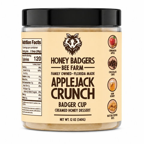 Apple Jack Crunch Creamed Honey 12 Oz – Cinnamon Apple Toffee Chocolate Spread | Honey Badgers Bee Farm Made in USA Honey Badgers Bee Farm  Raw Honey