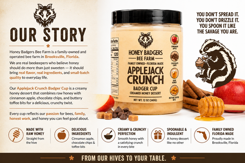 Apple Jack Crunch Creamed Honey 12 Oz – Cinnamon Apple Toffee Chocolate Spread | Honey Badgers Bee Farm Made in USA Honey Badgers Bee Farm  Raw Honey