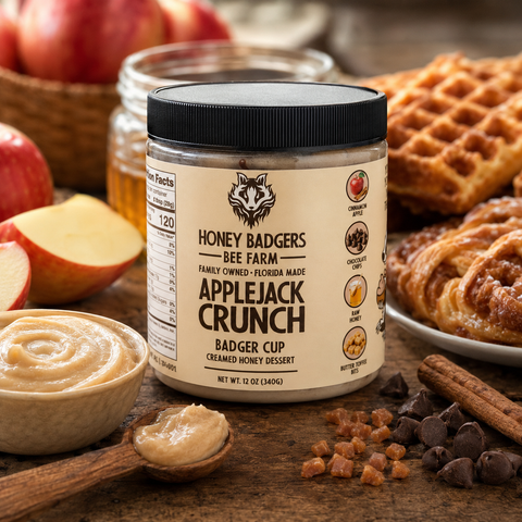 Apple Jack Crunch Creamed Honey 12 Oz – Cinnamon Apple Toffee Chocolate Spread | Honey Badgers Bee Farm Made in USA Honey Badgers Bee Farm  Raw Honey