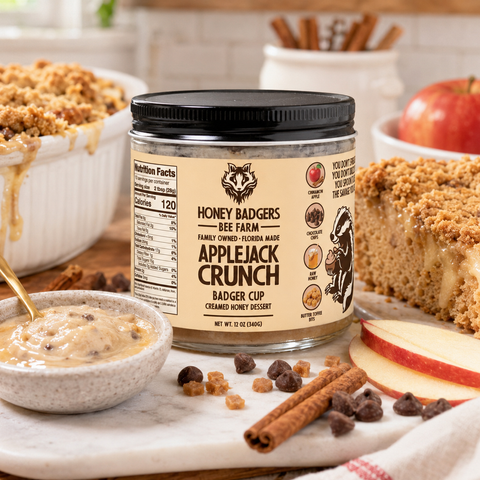 Apple Jack Crunch Creamed Honey 12 Oz – Cinnamon Apple Toffee Chocolate Spread | Honey Badgers Bee Farm Made in USA Honey Badgers Bee Farm  Raw Honey