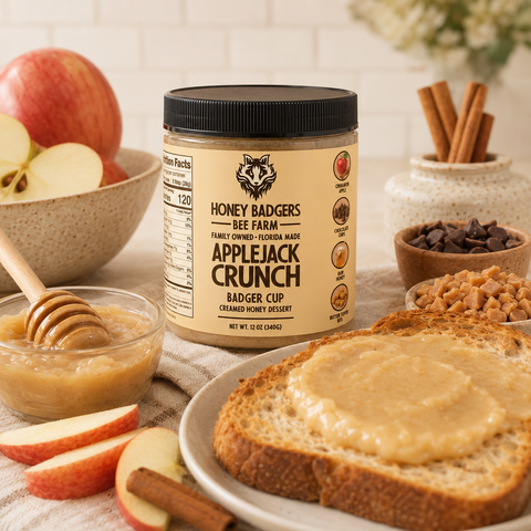 Apple Jack Crunch Creamed Honey 12 Oz – Cinnamon Apple Toffee Chocolate Spread | Honey Badgers Bee Farm Made in USA Honey Badgers Bee Farm  Raw Honey