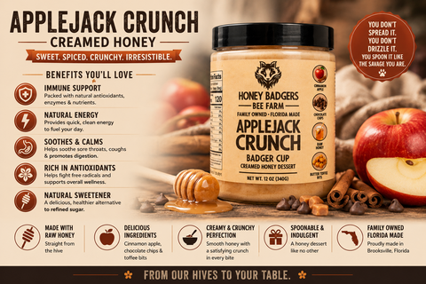 Apple Jack Crunch Creamed Honey 12 Oz – Cinnamon Apple Toffee Chocolate Spread | Honey Badgers Bee Farm Made in USA Honey Badgers Bee Farm  Raw Honey